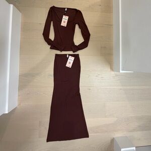 Oh Polly Chocolate Brown Long Sleeve Top & Maxi Skirt Set